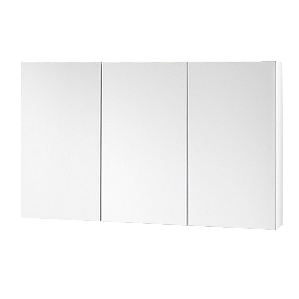 Bathroom Mirror Cabinet 1200x720mm White with three mirrored doors and sleek high gloss finish on white background