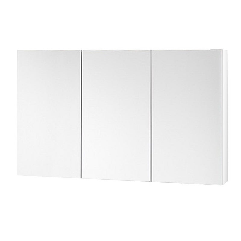 Bathroom Mirror Cabinet 1200x720mm White with three mirrored doors and sleek high gloss finish on white background