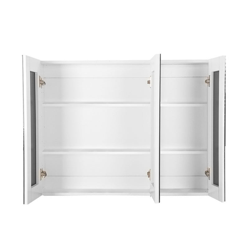 Bathroom Mirror Cabinet 1200x720mm White with high gloss finish, three internal shelves, and mirrored doors open wide.