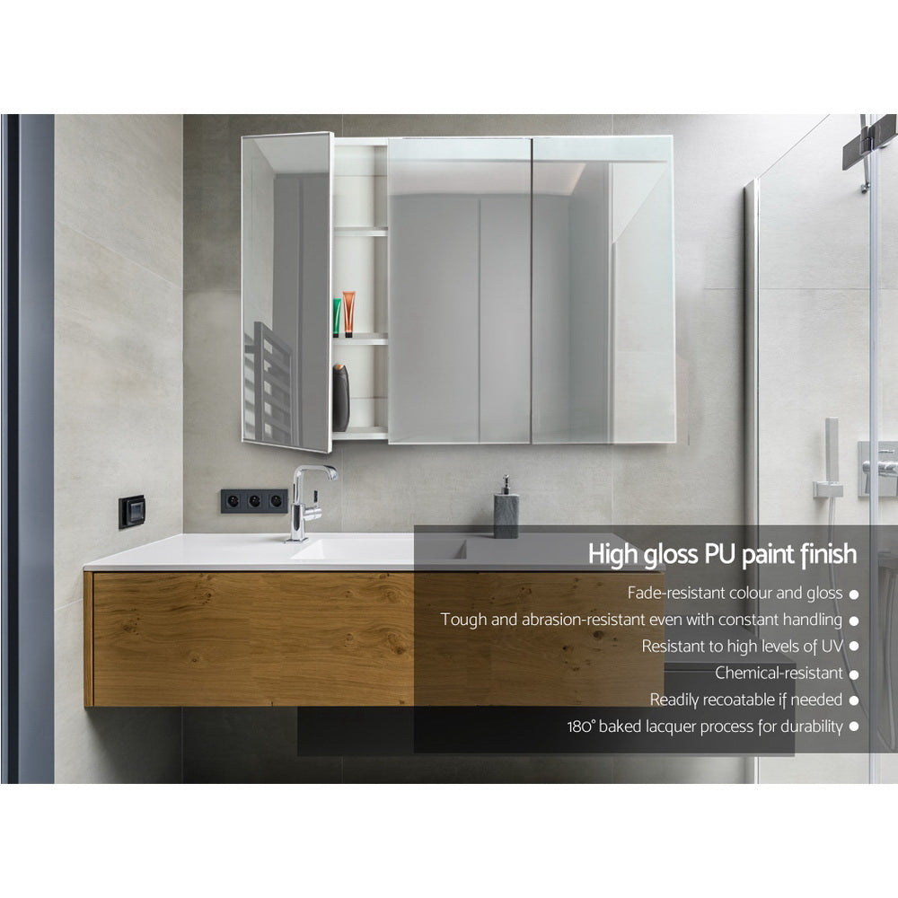 Bathroom Mirror Cabinet 1200x720mm White with mirrored doors, high gloss finish, and internal storage shelves in modern bathroom setting