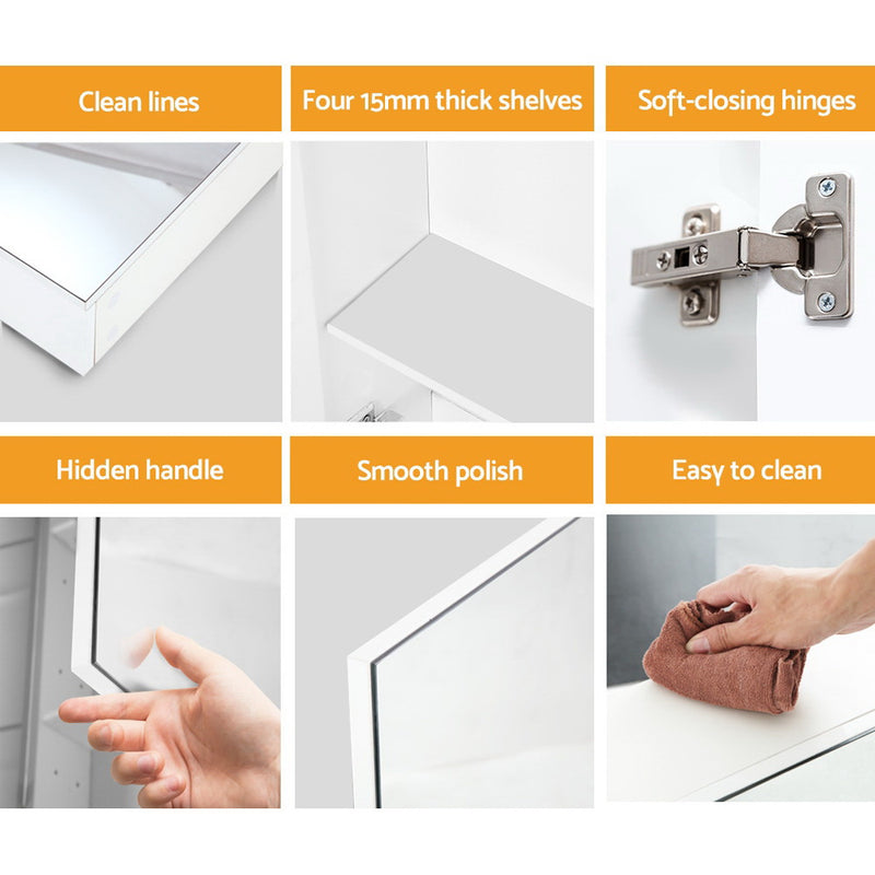 Bathroom Mirror Cabinet 1200x720mm White with clean lines, soft-close hinges, hidden handle, and four 15mm thick shelves