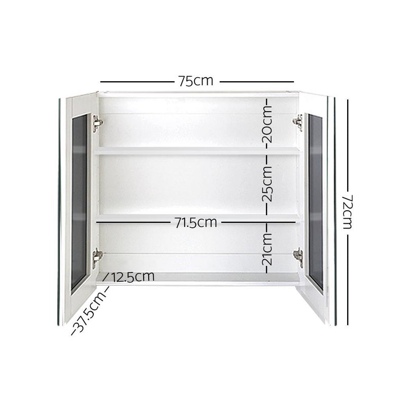 Bathroom Mirror Cabinet 750x720mm White with double doors, adjustable shelves, and interior dimensions marked.