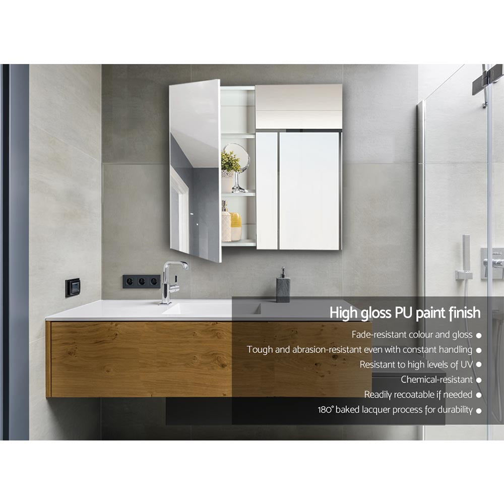 Bathroom Mirror Cabinet 750x720mm White with high gloss PU finish and mirrored doors above wooden vanity unit in modern bathroom
