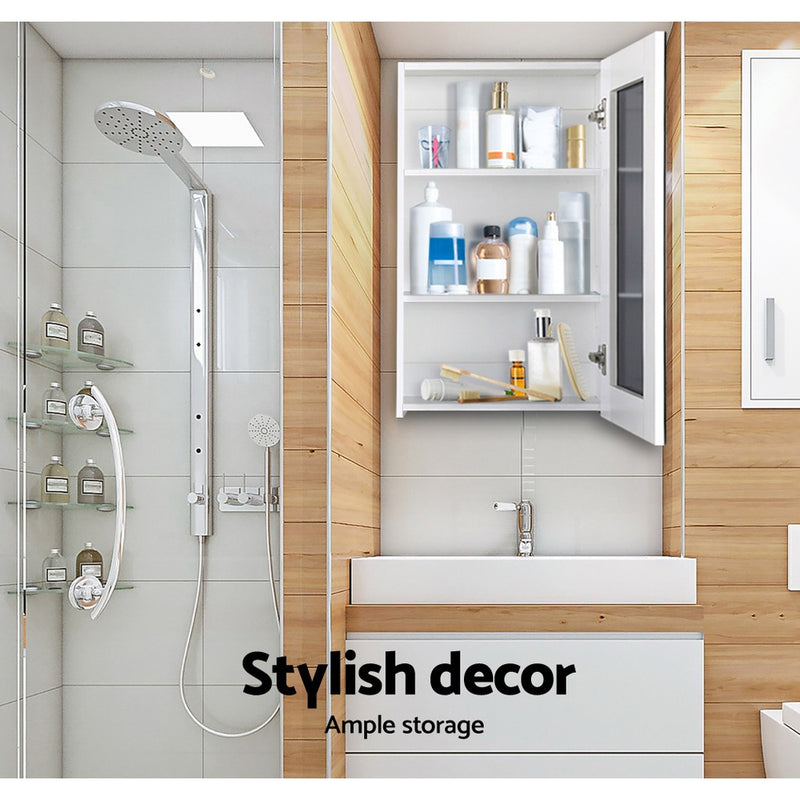 Bathroom Mirror Cabinet 450x720mm White with open door showing bathroom storage above sink in modern bathroom setting