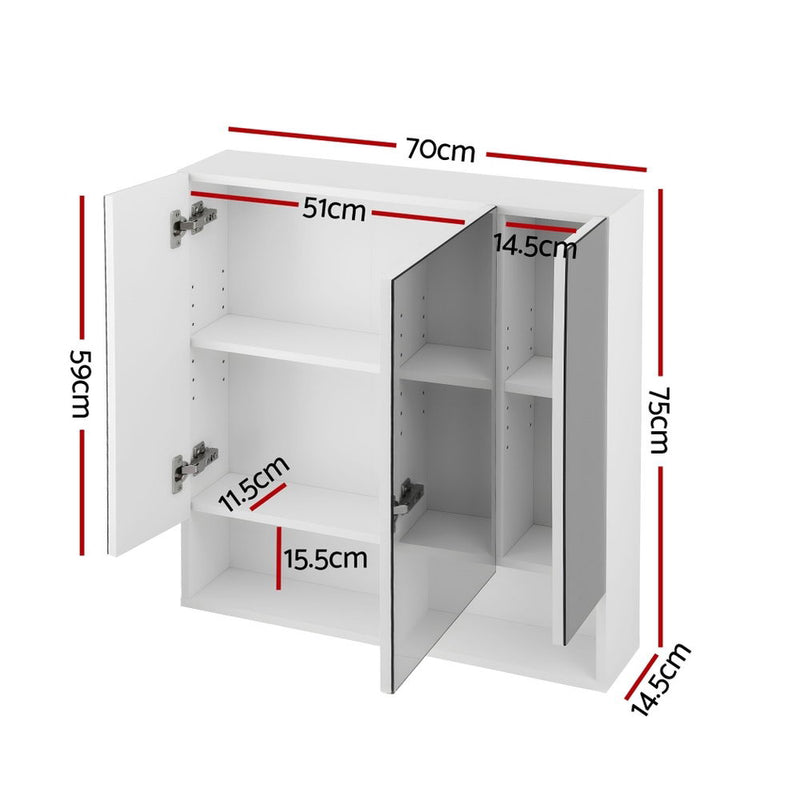 Bathroom Mirror Cabinet Medicine Adjustable Shelves Wall Hung 700x750mm White with open doors displaying compartments and dimensions