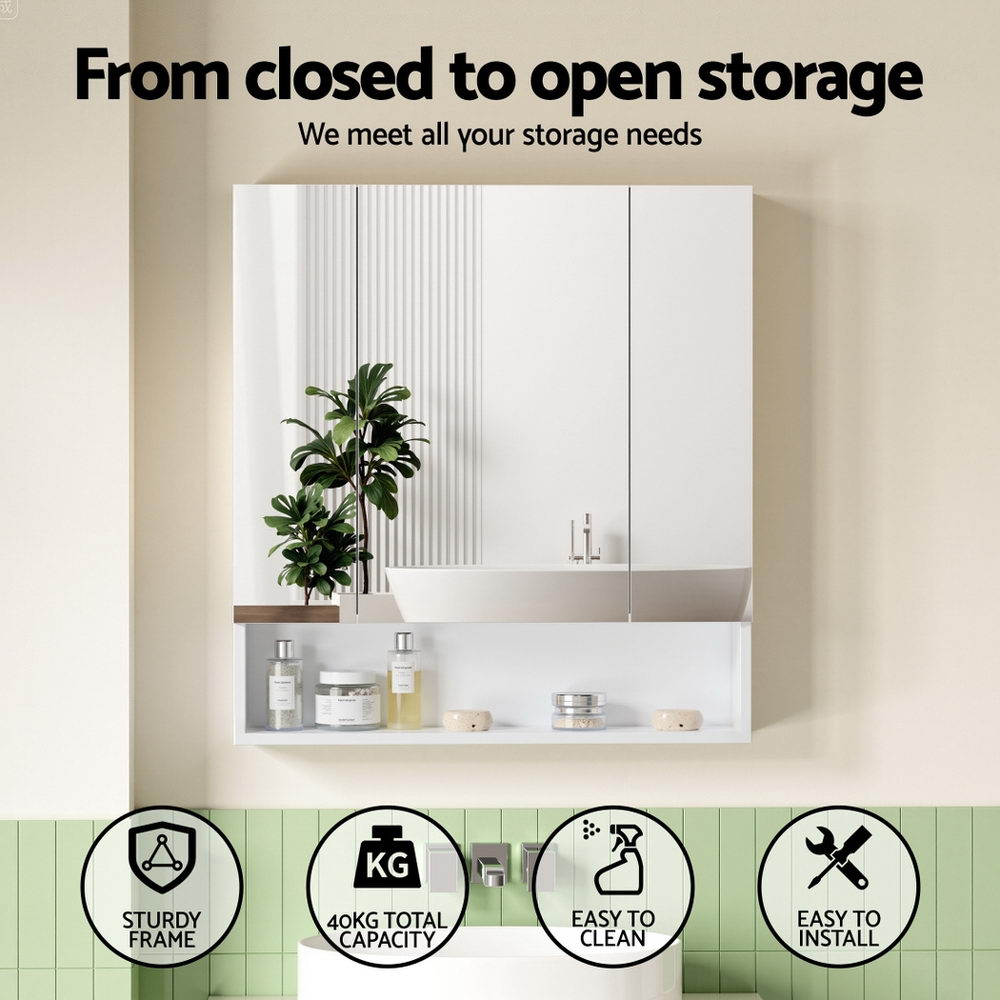 Bathroom Mirror Cabinet Medicine Adjustable Shelves Wall Hung 700x750mm White with mirrored doors and open storage shelf