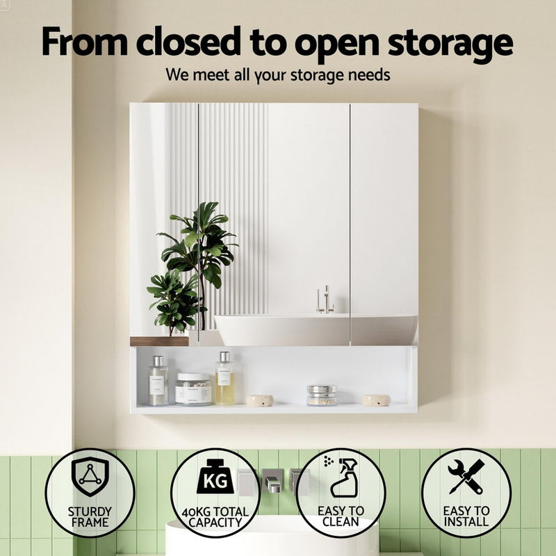 Bathroom Mirror Cabinet Medicine Adjustable Shelves Wall Hung 700x750mm White with mirrored doors and open storage shelf