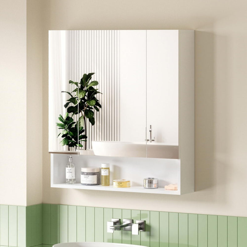 Bathroom Mirror Cabinet Medicine Adjustable Shelves Wall Hung 700x750mm White with mirrored doors and open shelf displaying toiletries.