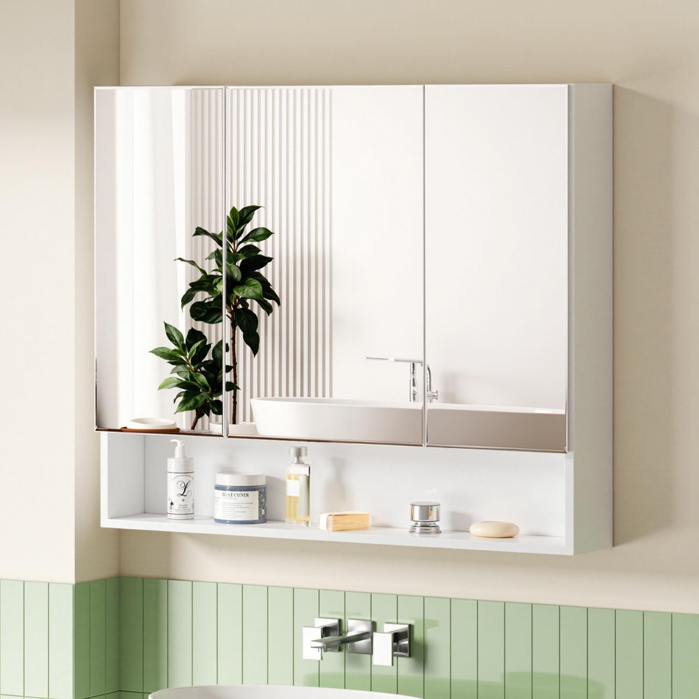 Bathroom Mirror Cabinet Medicine Adjustable Shelves Wall Hung 900x750mm White with triple mirrored doors and open lower shelf