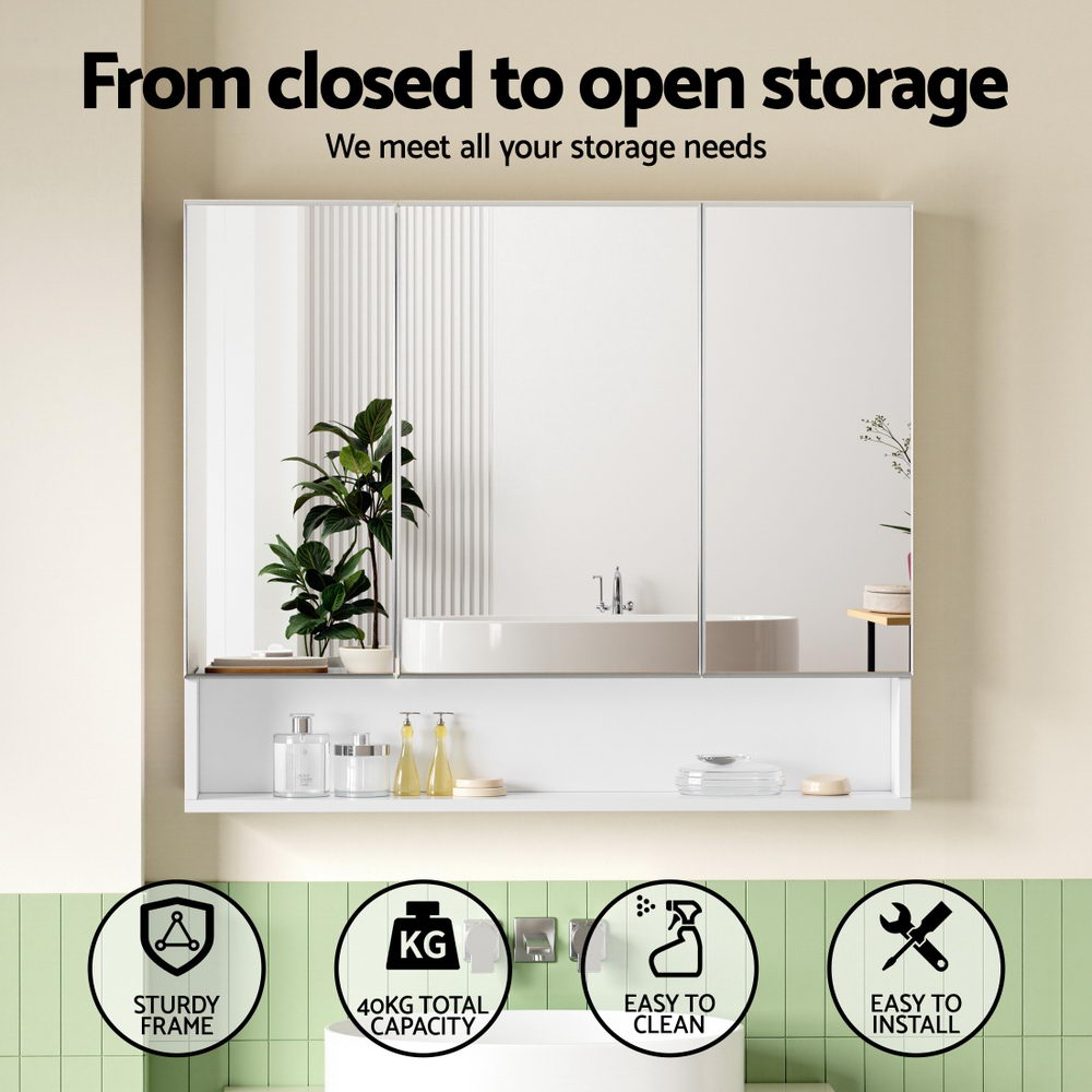 Bathroom Mirror Cabinet Medicine Adjustable Shelves Wall Hung 900x750mm White with triple mirrored doors and open storage shelf
