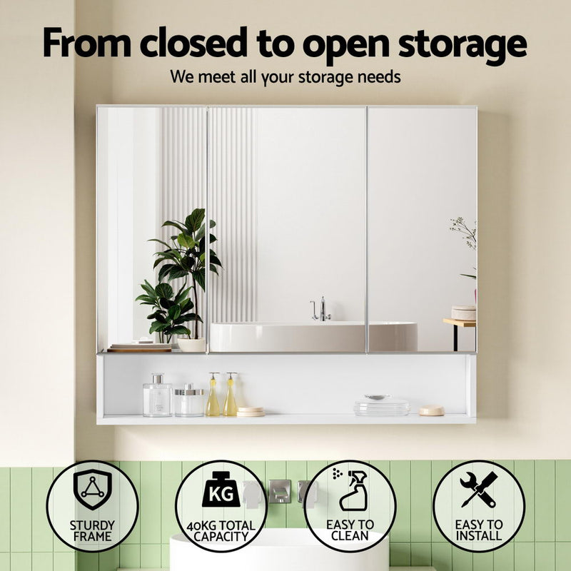 Bathroom Mirror Cabinet Medicine Adjustable Shelves Wall Hung 900x750mm White with triple mirrored doors and open storage shelf