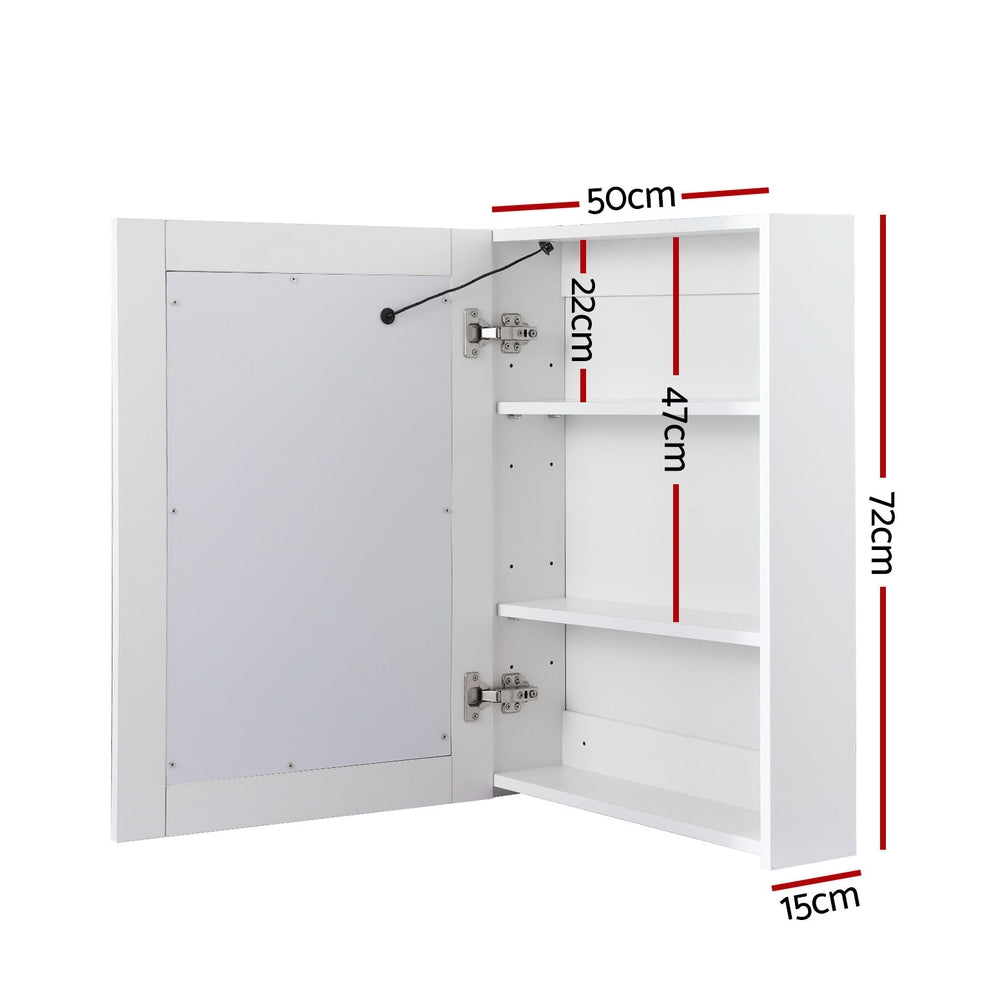 Bathroom Mirror Cabinet LED 500x720mm Medicine Wall Storage with white shelves and interior mirror on white background