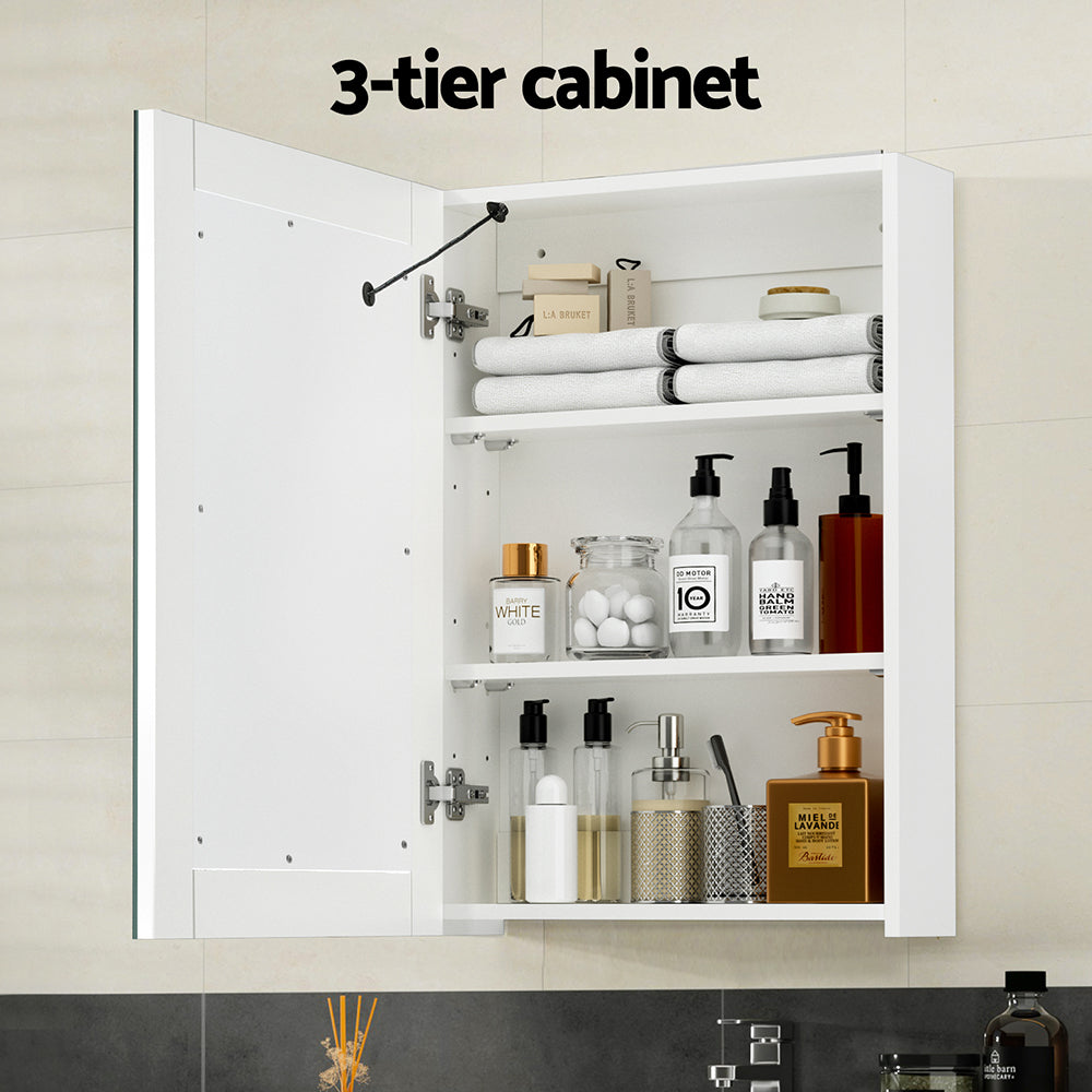 Bathroom Mirror Cabinet LED 500x720mm Medicine Wall Storage with three shelves holding towels and toiletries inside white cabinet