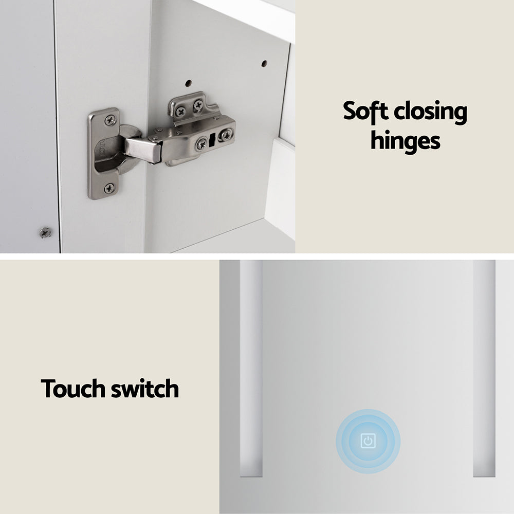 Close-up of soft closing hinges and touch switch on Bathroom Mirror Cabinet LED 500x720mm Medicine Wall Storage panel