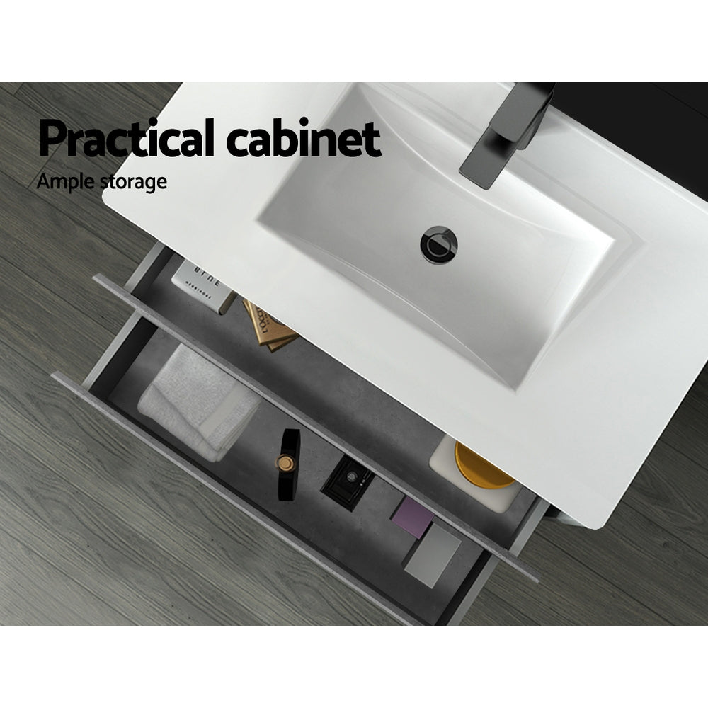 Vanity Unit 915mm with Basin Grey showing open drawers with ample storage and modern basin on wood floor background