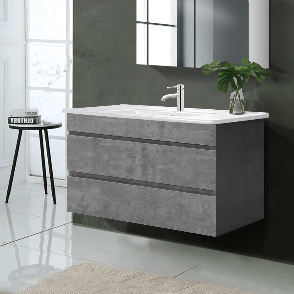 Vanity Unit 915mm with Basin Grey wall-mounted with smooth surface, minimalist faucet, and decorative plant on top