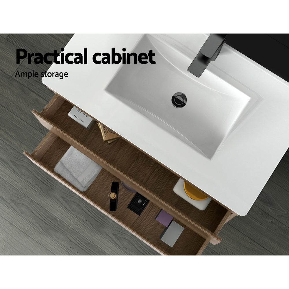 Vanity Unit 915mm with Basin Oak featuring practical cabinet with ample storage and modern white basin on oak finish