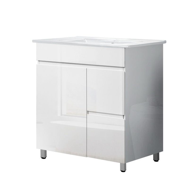Vanity Unit 765mm Freestanding Basin Cabinet in high-gloss white MDF with storage doors and modern design