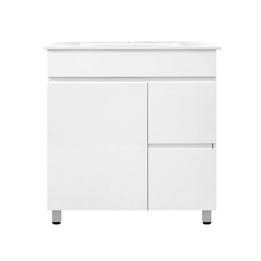 Vanity Unit 765mm Freestanding Basin Cabinet in white with high-gloss finish, MDF construction, two doors and drawer