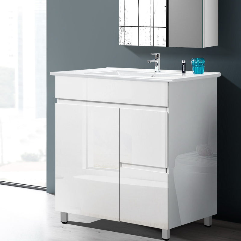 Vanity Unit 765mm Freestanding Basin Cabinet in high-gloss white MDF with chrome faucet and two-door storage under basin