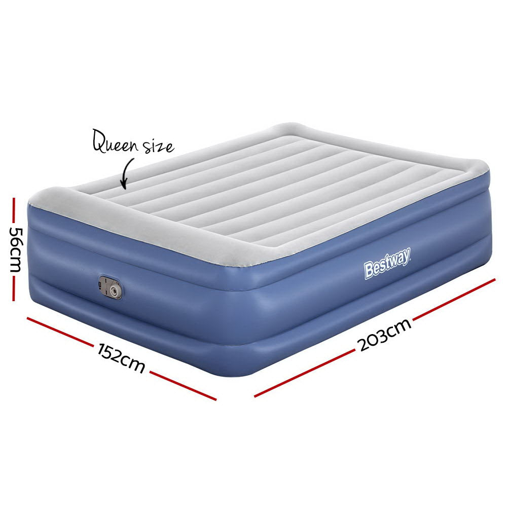 56 CM Thickness Air Bed Inflatable Mattress - Queen Size in blue with gray top, dimensions and built-in valve shown