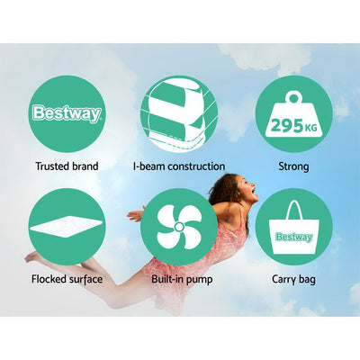 Features of 56 CM Thickness Air Bed Inflatable Mattress - Queen Size including I-beam, built-in pump, flocked surface, and carry bag icons on sky background
