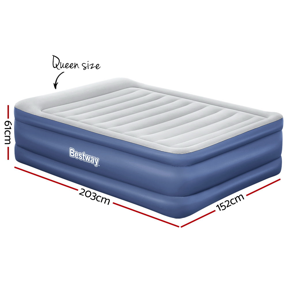 61 CM Thickness Air Bed Inflatable Mattress with Built-in Pump - Queen Size in blue and white with dimensions labeled