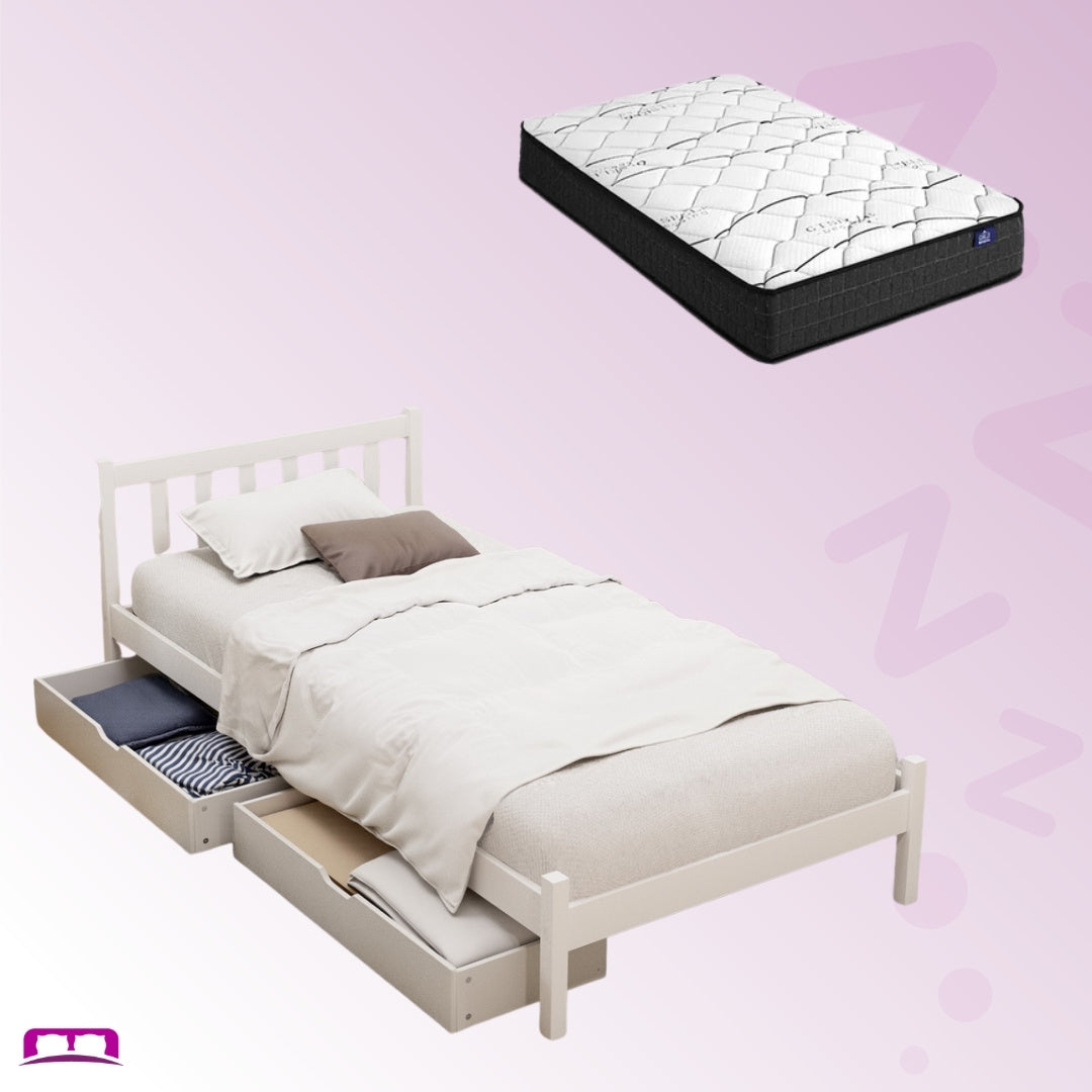 Single Package | Somerleigh Bed Frame with Storage Drawers White & Glay Bonnell Spring Mattress (Medium Firm)