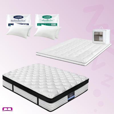 Double Comfort Package | Devon Euro Top Pocket Spring Mattress (Medium Firm), Deluxe Pillowtop Topper, 2 Deluxe & 2 Cooling Pillows displayed on pink background