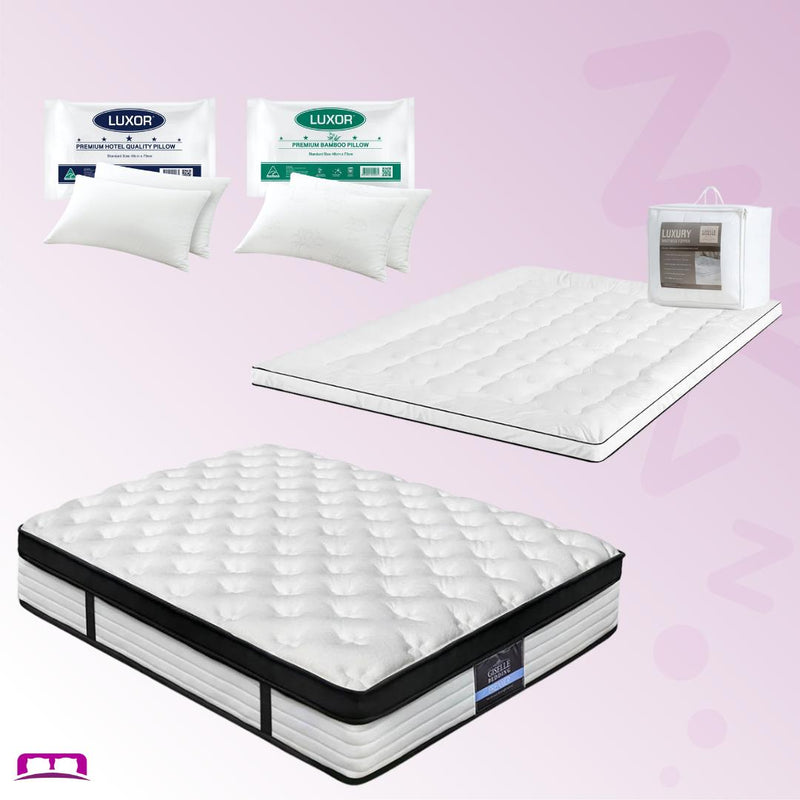Double Comfort Package | Devon Euro Top Pocket Spring Mattress (Medium Firm), Deluxe Pillowtop Topper, 2 Deluxe & 2 Cooling Pillows displayed on pink background