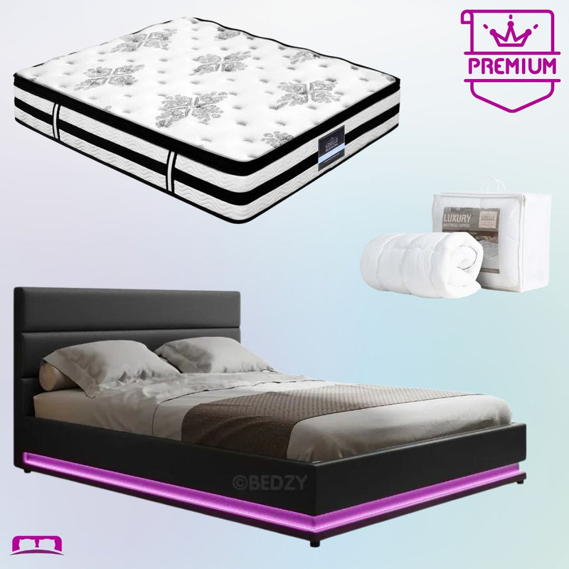Double Premium Package | Henley LED Bed Black with purple LED lighting, Algarve Euro Top Mattress and Pillowtop Mattress Topper