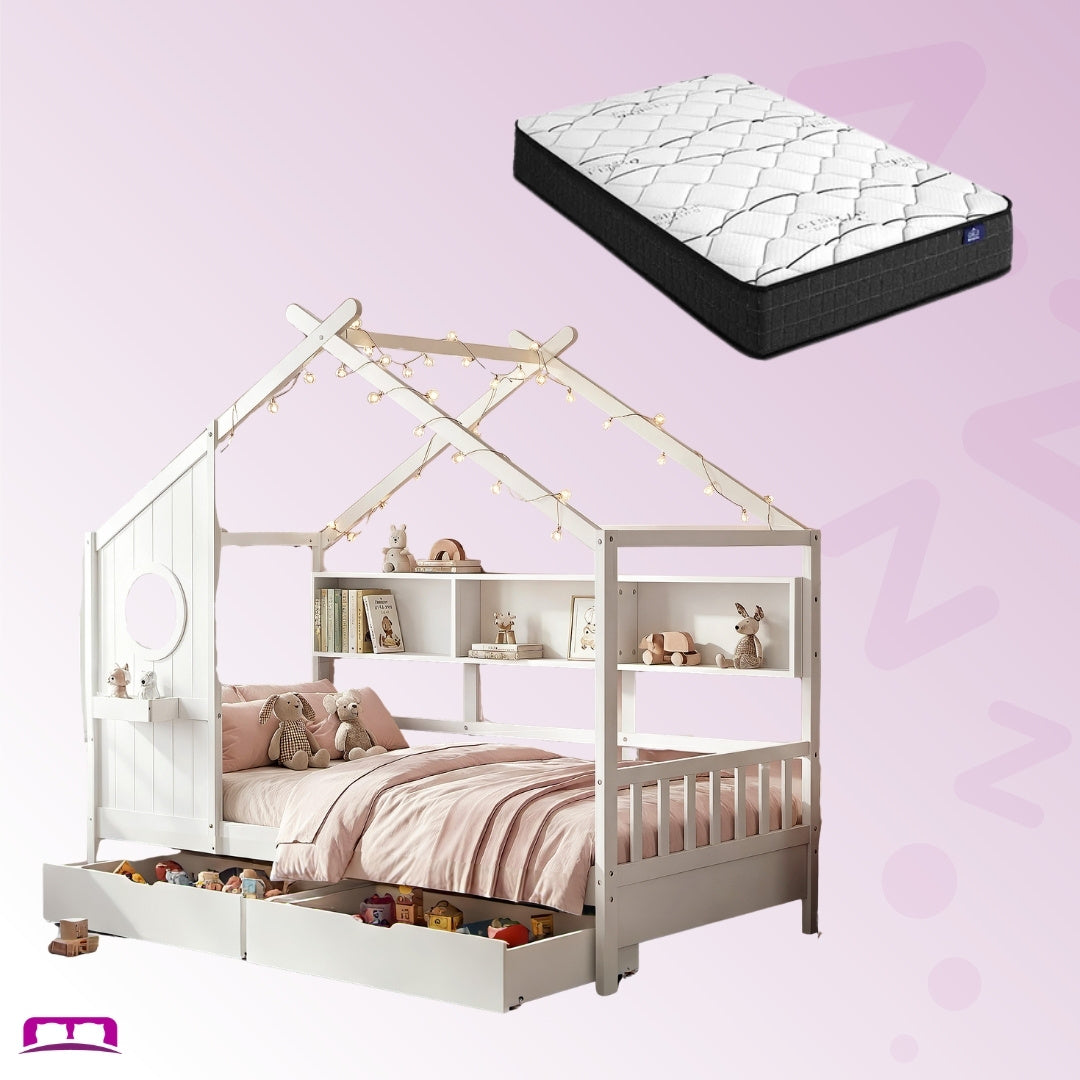 Single Package | Maison Kids Montessori House Bed With 2 Drawers & Glay Bonnell Spring Mattress (Medium Firm)