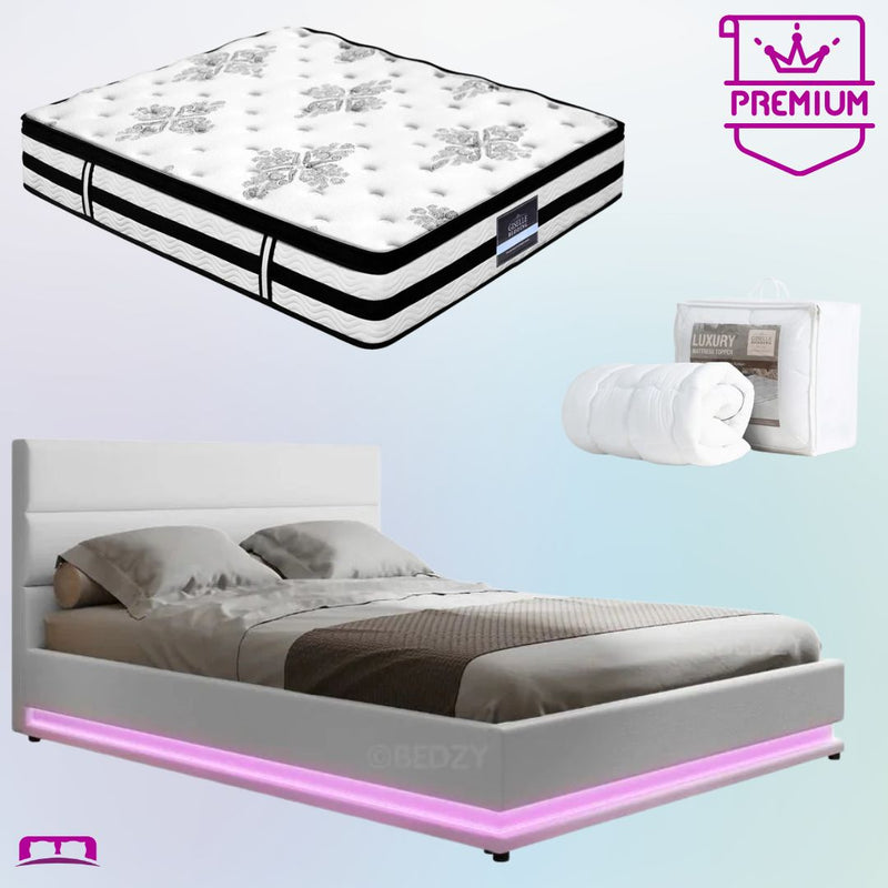 Double Premium Package | Henley LED Bed White with Algarve Euro Top Medium Firm Mattress and Pillowtop Mattress Topper