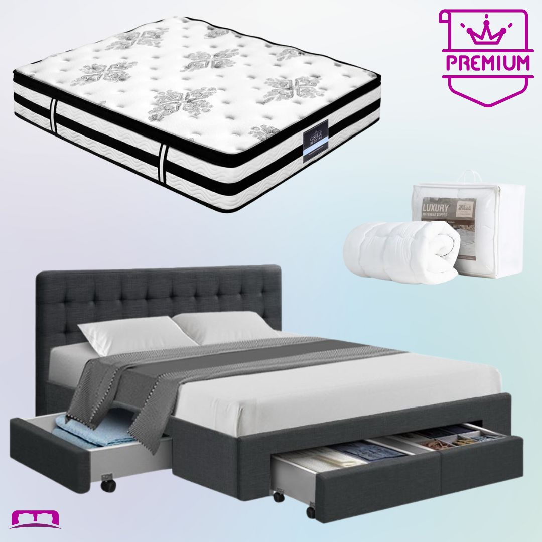 Double Premium Package | Trinity Bed Frame Charcoal, Algarve Euro Top Mattress (Medium Firm) & Pillowtop Mattress Topper!
