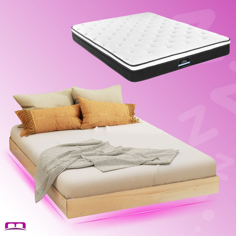 Double Package | Odin Floating Style LED Pinewood Bed Frame with pink LED lighting and Bonita Pillow Top Mattress (Medium Firm)