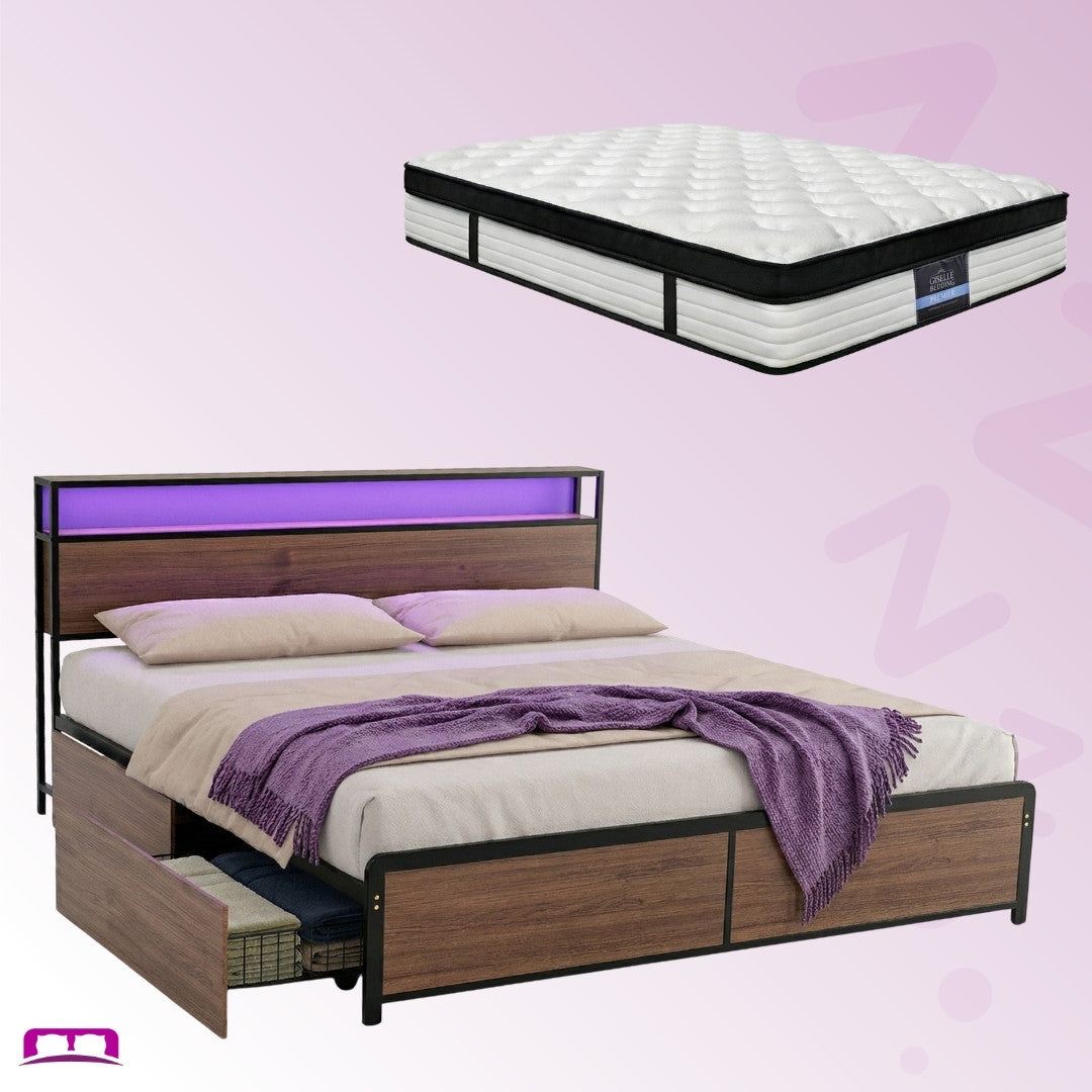 King Package | Sky LED Bed Frame with Storage Drawers Brown & Serenity Euro Top Mattress (Medium Firm)
