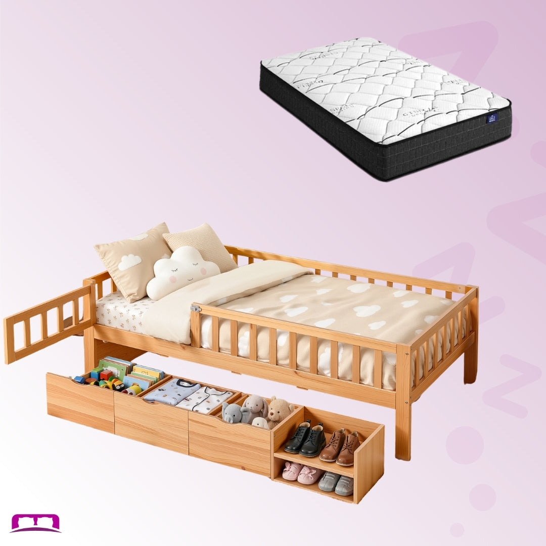 Single Package | Archer Kids Montessori Storage Bed with 3 Drawers & Glay Bonnell Spring Mattress (Medium Firm)