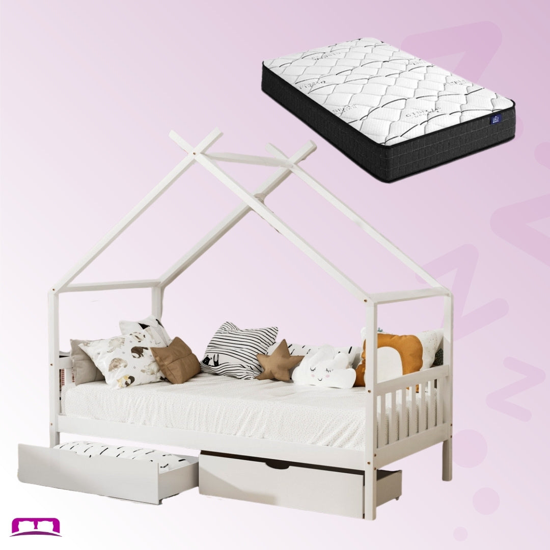 Single Package | Chloe Kids Montessori House Bed with Storage Drawers & Glay Bonnell Spring Mattress (Medium Firm)