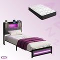 Single Package | Elmore LED Bed Frame Grey & Glay Bonnell Spring Mattress (Medium Firm)