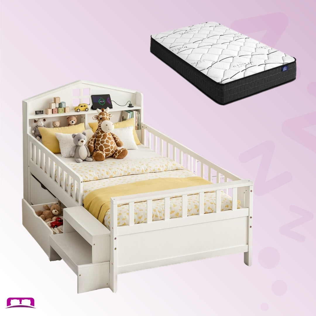 Single Package | Harlow Kids LED Montessori House Bed & Glay Bonnell Spring Mattress (Medium Firm)