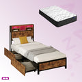 Single Package | Knoxford LED Storage Bed Frame Industrial & Glay Bonnell Spring Mattress (Medium Firm)