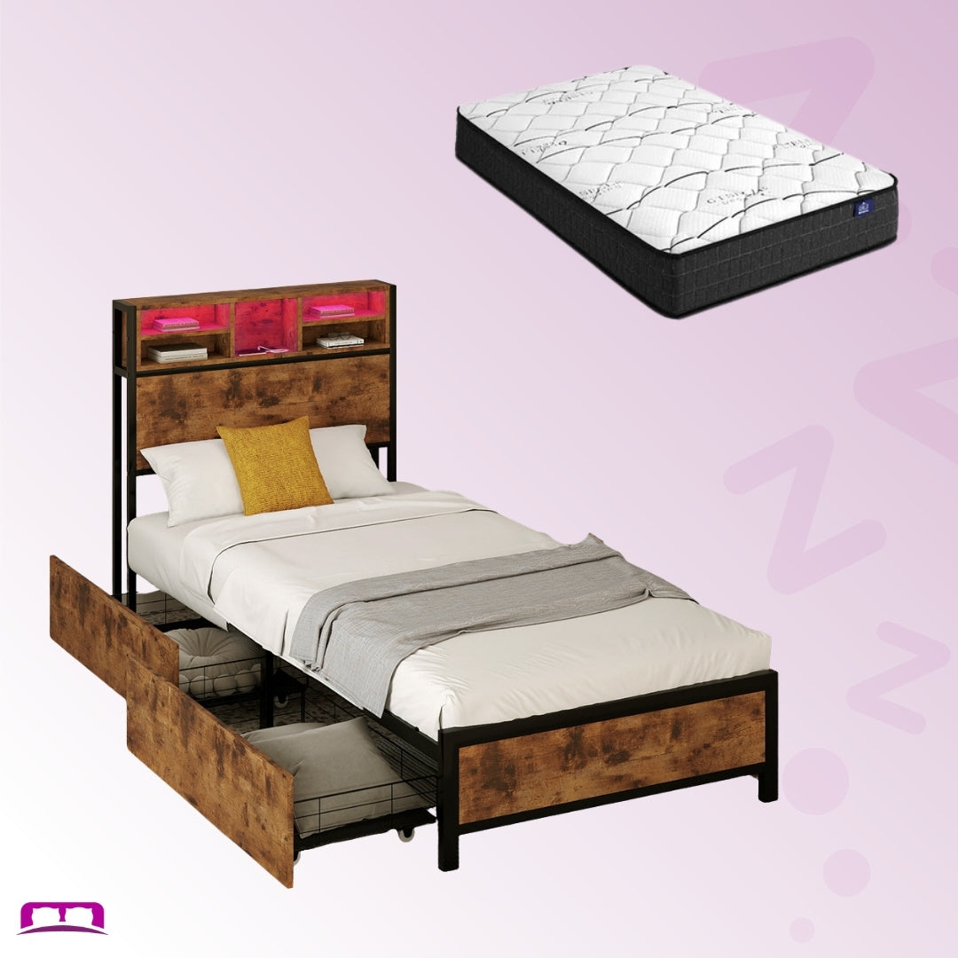 Single Package | Knoxford LED Storage Bed Frame Industrial & Glay Bonnell Spring Mattress (Medium Firm)
