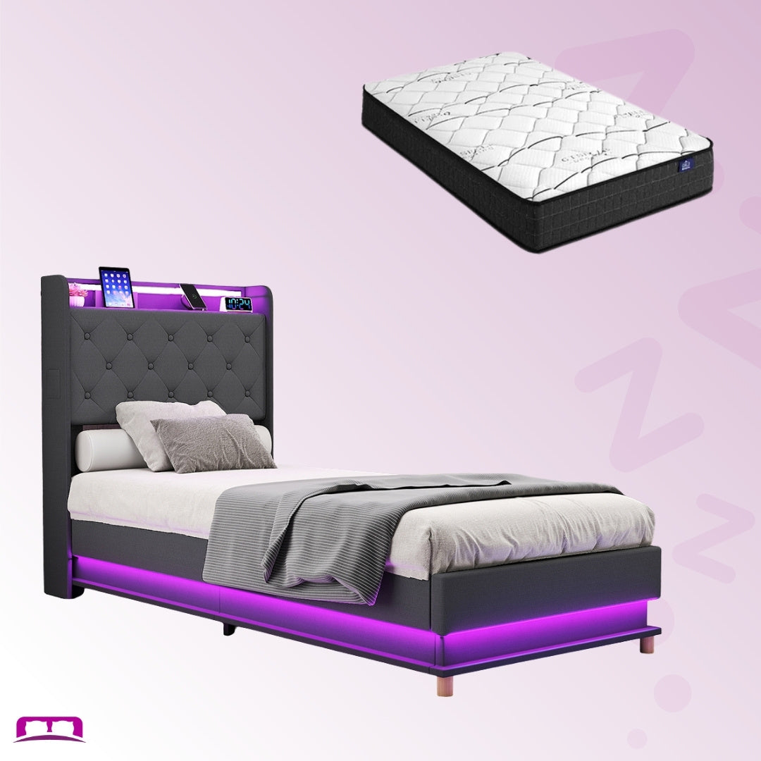 Single Package | Mitchell LED Gas Lift Storage Bed Grey & Glay Bonnell Spring Mattress (Medium Firm)