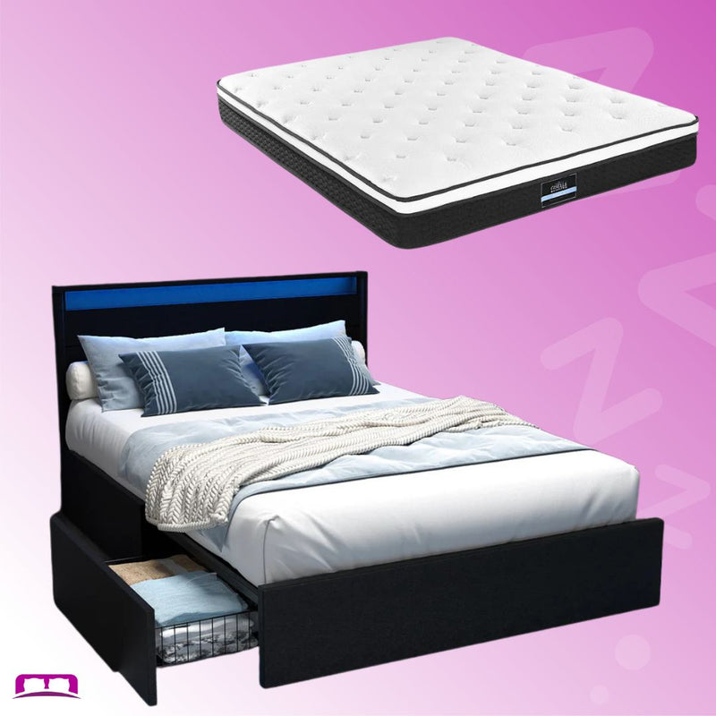 Queen Package | Dunelight LED Bed Black with storage drawer and Bonita Euro Top Mattress Medium Firm on purple background