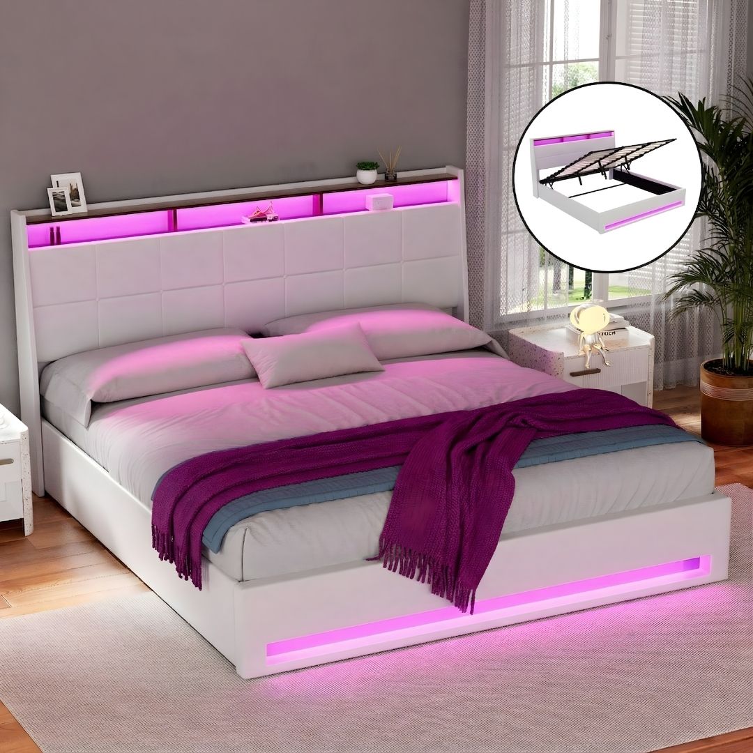 Sunset King Gas Lift Bed Frame with LED Lights & Storage – White