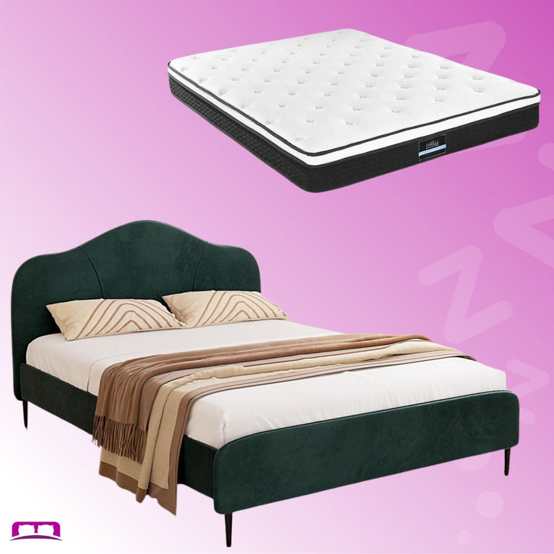 Queen Package | Daintree Velvet Bed Dark Green with Bonita Pillow Top Mattress Medium Firm on purple background