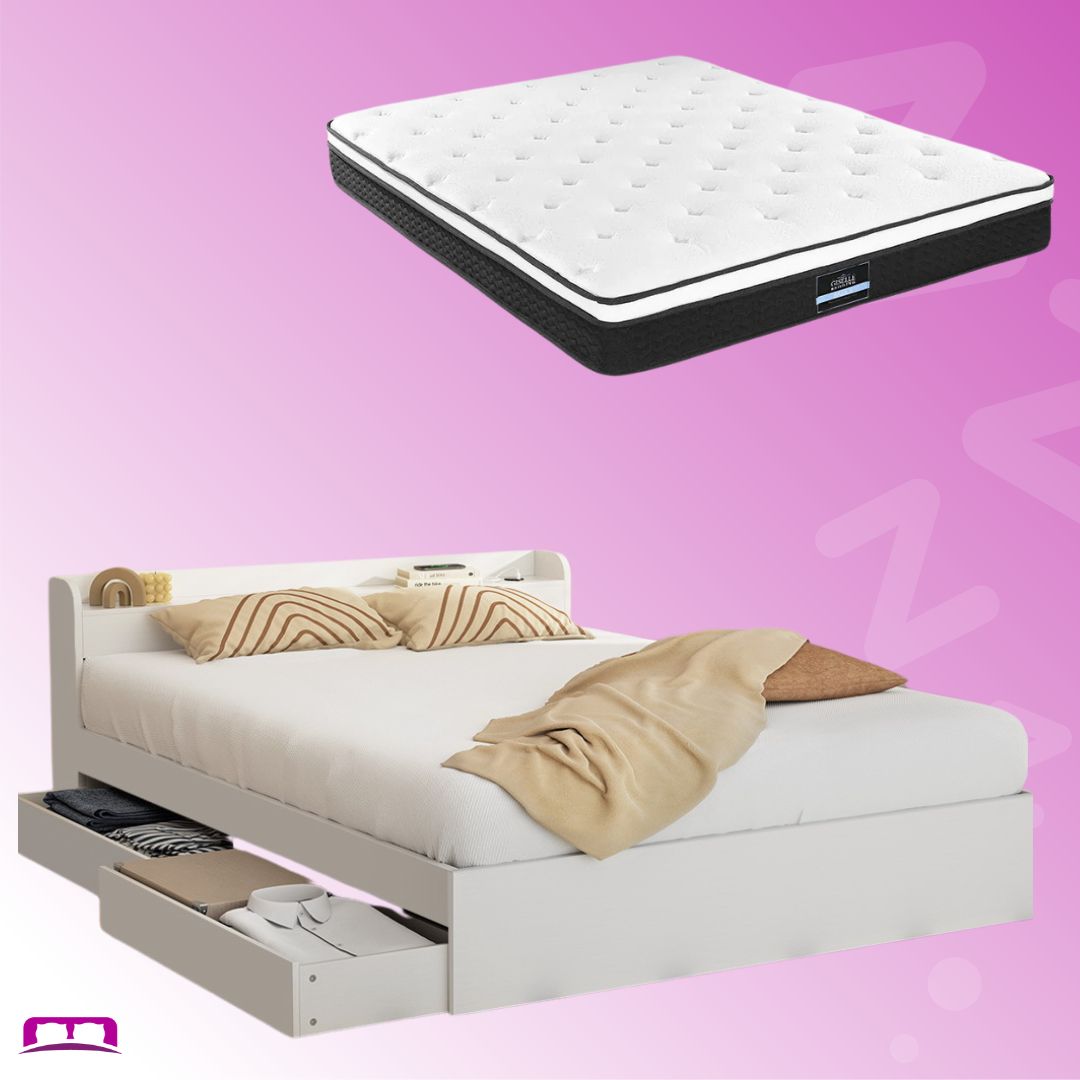 Queen Package | Aura Bed Frame With 2 Storage Drawers White & Bonita Pillow Top Mattress (Medium Firm)