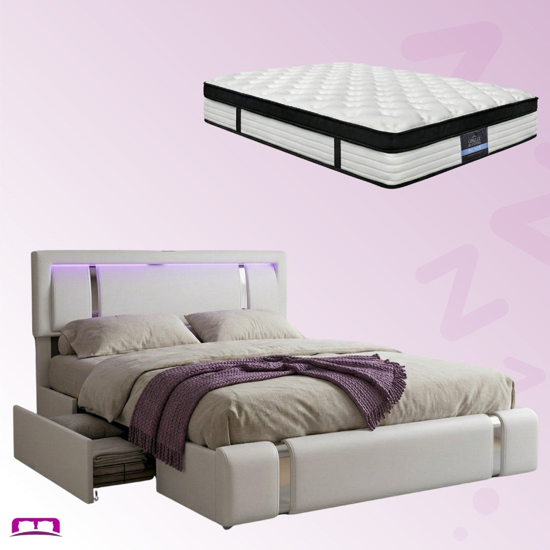 King Package | Brighton LED Storage Bed Frame White & Serenity Euro Top Mattress (Medium Firm)