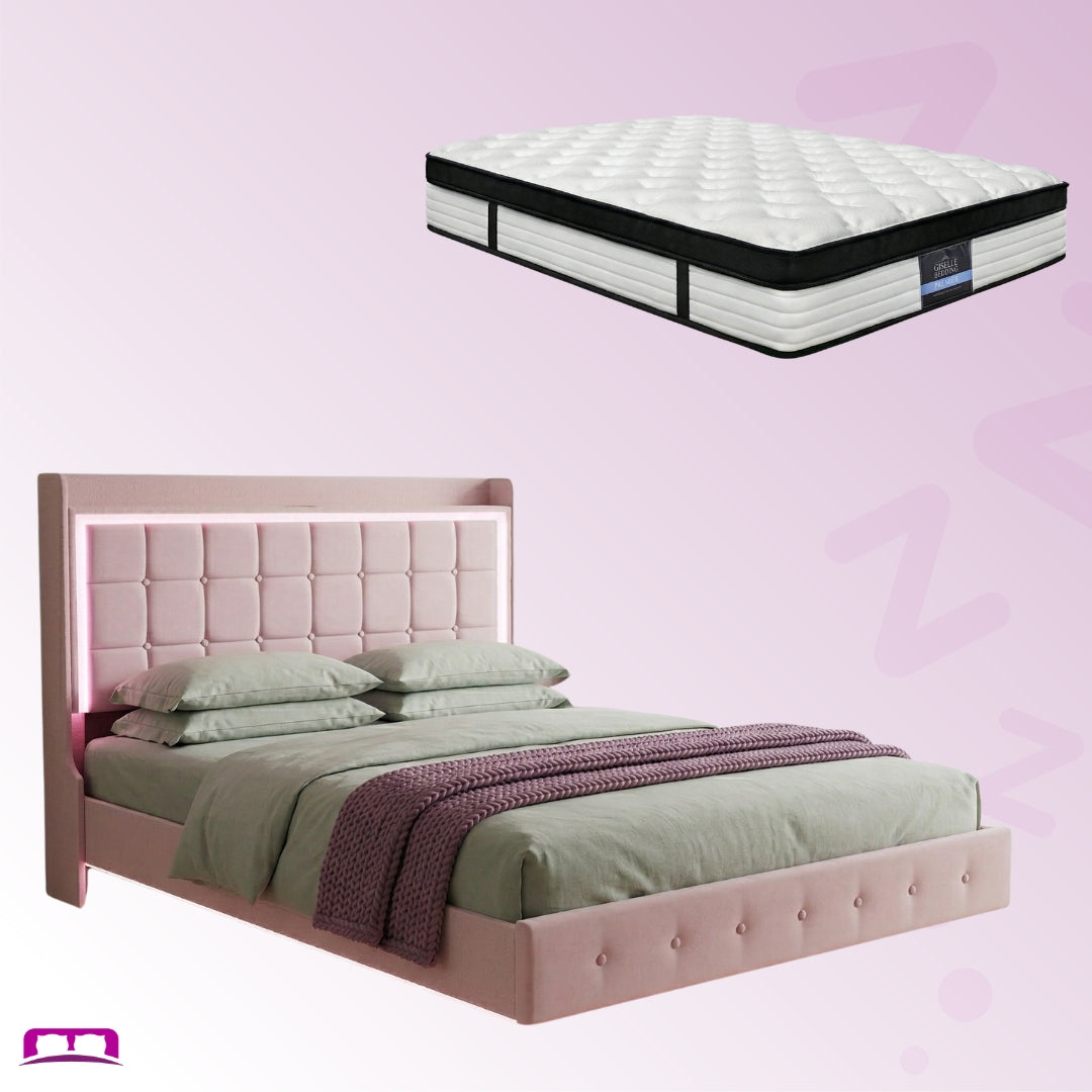 Queen Package | Evangeline Floating LED Bed Frame Pink & Serenity Euro Top Mattress (Medium Firm)