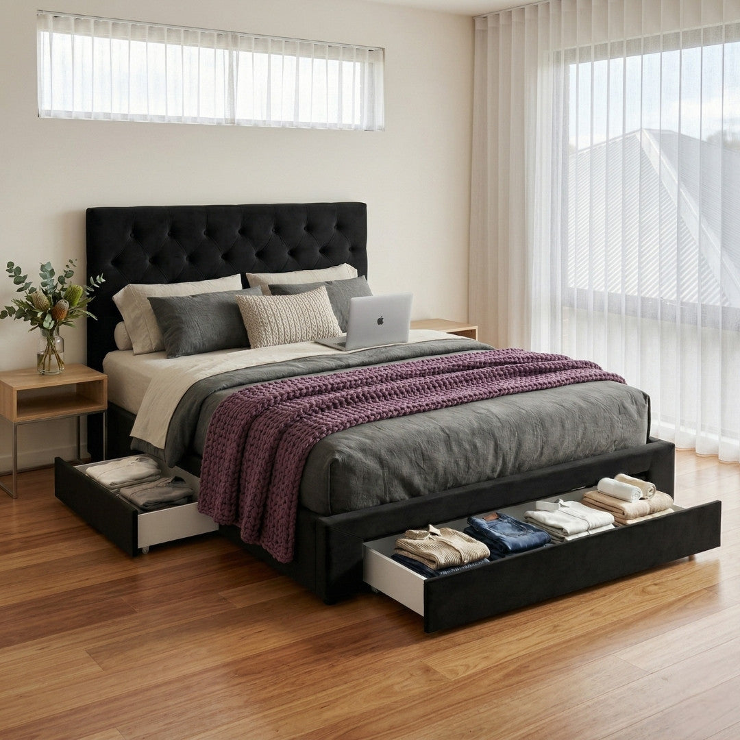 Double Package | Lunara Storage Bed with Drawers Black & Serenity Euro Top Mattress (Medium Firm)